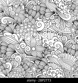 Doodle floralen Hintergrund mit Umriss Blumen und Wirbel. Vektor dekoratives Muster Stock Vektor