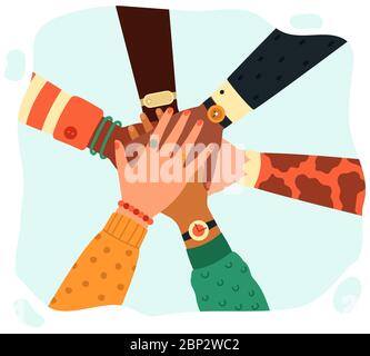 Hände zusammenlegen. Menschen Gruppe Hände setzen teamweise, Partnerschaft, Teamwork, Einheit und Freundschaft Konzept isoliert Vektor Illustration Stock Vektor