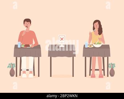 Mann und Frau, die soziale Distanz beim Essen alleine an Tischen im Restaurant. Leerzeichen setzen, um die Ausbreitung des Coronavirus zu verhindern und zu verhindern. Stock Vektor