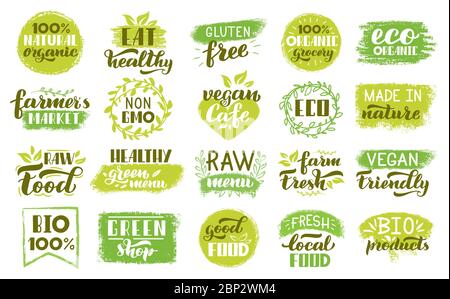 Öko Aufkleber aus biologischem Anbau. Grüne natürliche Lebensmittel-Etiketten, vegetarische gesunde Lebensmittel Abzeichen. Vegan ökologisch frisches Produkt Stempel Vektor Illustration Set Stock Vektor