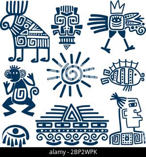 Blaue lineare Totem-Symbole im Maya- oder inka-Stil. Azteken antike Symbole auf weißem Hintergrund isoliert. Stock Vektor