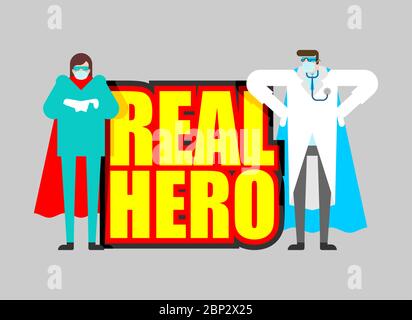Superheld des Arztes. DOC ist ein echter Superheld. Medizinische Mitarbeiter in Maske und Regenmantel. Gesundheitsschutz. Kampf gegen Coronavirus. COVID-19 Epidepidemie Stock Vektor