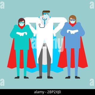Superheld des Arztes. DOC ist ein echter Superheld. Medizinische Mitarbeiter in Maske und Regenmantel. Gesundheitsschutz. Kampf gegen Coronavirus. COVID-19 Epidepidemie Stock Vektor