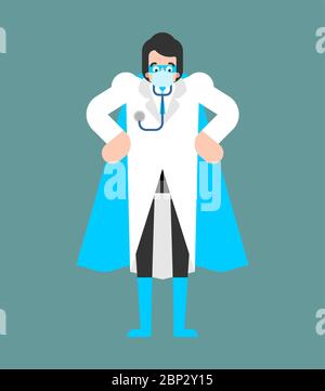 Superheld des Arztes. DOC ist ein echter Superheld. Medizinische Mitarbeiter in Maske und Regenmantel. Gesundheitsschutz. Kampf gegen Coronavirus. COVID-19 Epidepidemie Stock Vektor