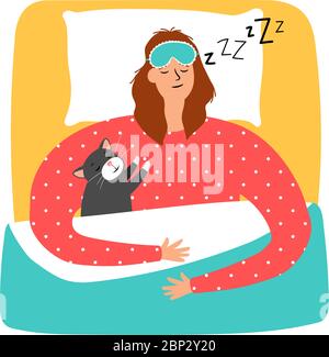 Frau und Katze schlafen, Vektor-Illustration auf weißem Hintergrund Stock Vektor