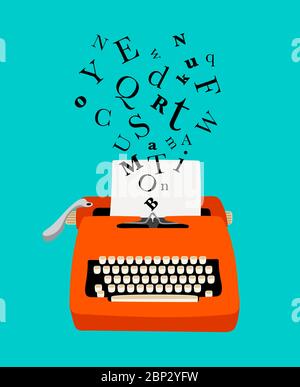 Schreibmaschine farbige Ikone mit Papier und fliegenden Buchstaben, Vektorgrafik Stock Vektor
