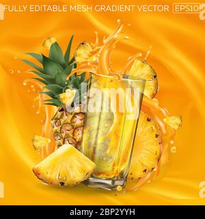 Ananas und ein Glas spritzendem Saft auf orangefarbenem Hintergrund. Stock Vektor