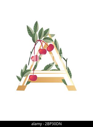 Buchstabe A mit Farbverlauf Stil beige Farbe mit grünen Blättern und roten Beeren eco Schriftart flache Vektor-Illustration auf weißem Hintergrund isoliert bedeckt Stock Vektor