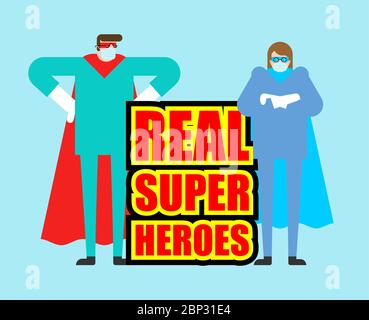 Superheld des Arztes. DOC ist ein echter Superheld. Medizinische Mitarbeiter in Maske und Regenmantel. Gesundheitsschutz. Kampf gegen Coronavirus. COVID-19 Epidepidemie Stock Vektor