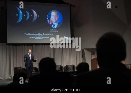 Am 14. Mai 2019 hielt NASA-Administrator Jim Bridenstine Keynote auf dem Human to Mars Summit, der an der National Academy of Sciences in Washington, D.C. stattfand, über die Zukunft der menschlichen Weltraumforschung. Stockfoto