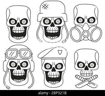 Set Von Verschiedenen Skull Charactres Mit Verschiedenen Modernen Street Style City Attribute. Monochromer Stil. Isoliert Auf Weißem Hintergrund Stock Vektor