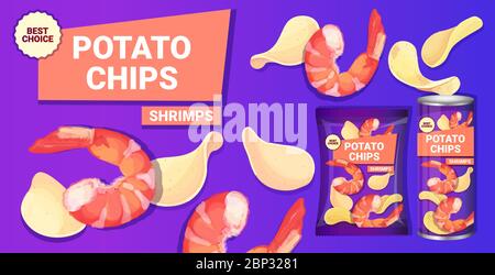 Kartoffelchips mit Garnelen Geschmack Werbung Zusammensetzung von Chips natürliche Kartoffeln und Verpackung Anzeigen Design Vorlage horizontale Vektor-Illustration Stock Vektor