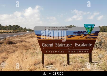 schild mit dem Eingang zum Grand Staircase Escalante National Monument in Utah Stockfoto