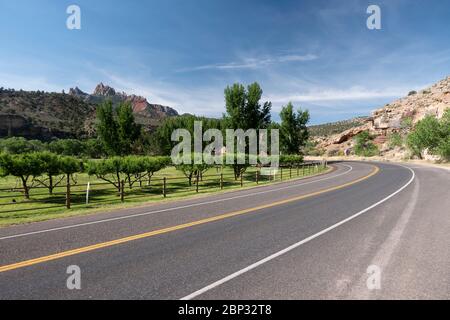 Blick auf Orchard entlang Highway 9 in der Nähe von Springdale Utah Stockfoto
