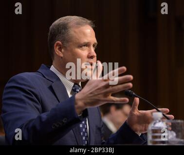 Senat Anhörung "Mond zum Mars - NASA Pläne für Deep Space Exploration' NASA-Administrator Jim Bridenstine bezeugt vor dem Senatsausschuss für Handel, Wissenschaft und Transport während einer Anhörung mit dem Titel "Mond zum Mars: NASA Pläne für Deep Space Exploration", Mittwoch, 17. Juli 2019, im Hart Senate Office Building in Washington. Stockfoto