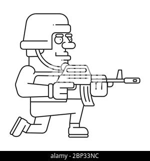Soldat Mit Waffen Lineare Zeichnung Malbuch Für Kinder Vektor-Illustration Stock Vektor