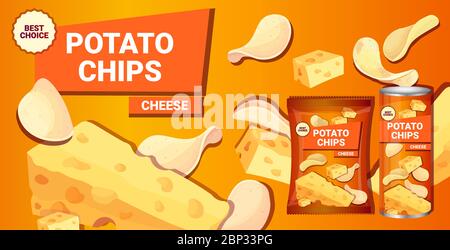 Kartoffel Chips mit Käse Geschmack Werbung Zusammensetzung von Chips natürliche Kartoffeln und Verpackung Anzeigen Design Vorlage horizontale Vektor-Illustration Stock Vektor