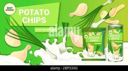 Kartoffelchips mit saurer Sahne Zwiebel Geschmack Werbung Zusammensetzung von Chips natürliche Kartoffeln und Verpackung Anzeigen Design Vorlage horizontale Vektor-Illustration Stock Vektor