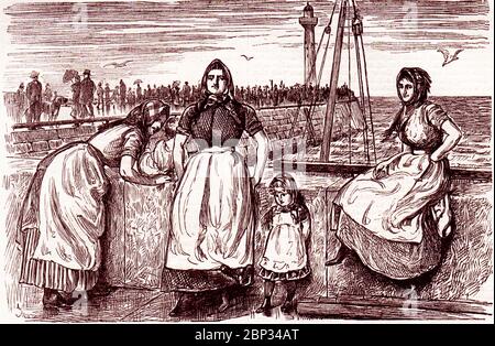 C1880's Druck zeigt Whitby Fischer Frauen oder Fischfrauen (Spitznamen die Viqueens, aus Whitby's alten Wikinger Verbindungen). Ihre Mode der Kleidung steht in starkem Kontrast zu der der Horden von Besuchern hinter ihnen auf dem West Pier gesehen. Stockfoto