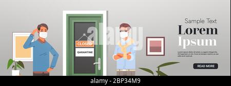 Unglückliche Geschäftsleute in Masken stehen in der Nähe von Bürotür mit geschlossenem Zeichen coronavirus Pandemie Quarantäne Konkurs kein Job Arbeitslosigkeit Konzept Portrait Kopie Raum horizontal Vektor Illustration Stock Vektor