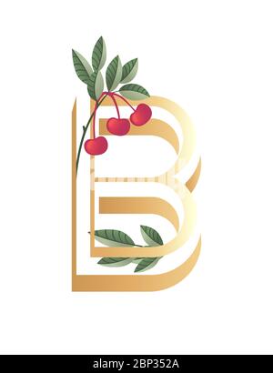 Buchstabe B mit Farbverlauf Stil beige Farbe mit grünen Blättern und roten Beeren eco Schriftart flache Vektor-Illustration auf weißem Hintergrund isoliert bedeckt Stock Vektor