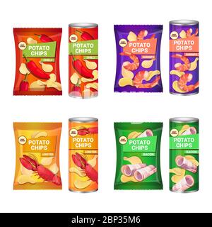 Set Kartoffelchips mit verschiedenen Geschmacksrichtungen Werbung Zusammensetzung von Chips Kartoffeln und Verpackungen Sammlung isoliert Vektor Illustration Stock Vektor