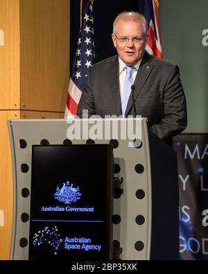 Absichtserklärung zwischen NASA und der australischen Weltraumbehörde der australische Premierminister Scott Morrison hält Bemerkungen vor der Unterzeichnung eines Absichtsergebens zwischen NASA und der australischen Weltraumbehörde, Samstag, 21. September 2019, im NASA-Hauptquartier in Washington. NASA und die Australian Space Agency bauen auf über 60 Jahren Zusammenarbeit bei der Weltraumforschung zwischen den beiden Ländern auf und verpflichten sich, die Zusammenarbeit auszubauen. Stockfoto