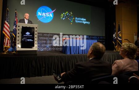 Absichtserklärung zwischen NASA und der australischen Weltraumbehörde der australische Premierminister Scott Morrison hält Bemerkungen vor der Unterzeichnung eines Absichtsergebens zwischen NASA und der australischen Weltraumbehörde, Samstag, 21. September 2019, im NASA-Hauptquartier in Washington. NASA und die Australian Space Agency bauen auf über 60 Jahren Zusammenarbeit bei der Weltraumforschung zwischen den beiden Ländern auf und verpflichten sich, die Zusammenarbeit auszubauen. Stockfoto