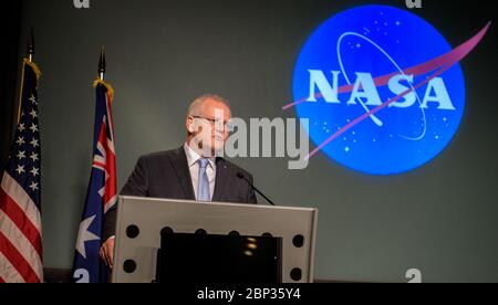 Absichtserklärung zwischen NASA und der australischen Weltraumbehörde der australische Premierminister Scott Morrison hält Bemerkungen vor der Unterzeichnung eines Absichtsergebens zwischen NASA und der australischen Weltraumbehörde, Samstag, 21. September 2019, im NASA-Hauptquartier in Washington. NASA und die Australian Space Agency bauen auf über 60 Jahren Zusammenarbeit bei der Weltraumforschung zwischen den beiden Ländern auf und verpflichten sich, die Zusammenarbeit auszubauen. Stockfoto