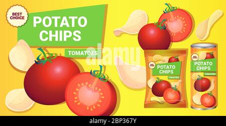 Kartoffelchips mit Tomaten Geschmack Werbung Zusammensetzung von Chips natürliche Kartoffeln und Verpackung Anzeigen Design Vorlage horizontale Vektor-Illustration Stock Vektor