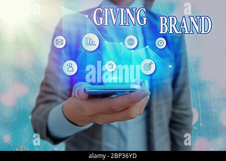 Textschild mit der gebenden Marke. Geschäftsfoto, das den Prozess der Namenszugabe für Produkte oder Dienstleistungen eines Unternehmens zeigt Stockfoto
