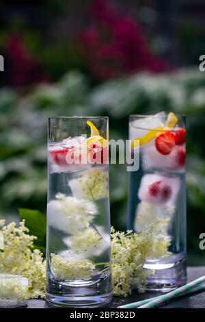 Gin Tonic mit Eldehußwürfeln und strawbery garnieren Stockfoto