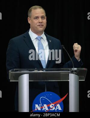 NASA-Administrator Jim Bridenstine diskutiert den Haushaltsvorschlag für das Haushaltsjahr 2021 während einer Adresse des US-Bundesstaates NASA, Montag, 10. Februar 2020, in der Einrichtung von Aerojet Rocketdyne im Stennis Space Center der NASA in der Nähe von Bay St. Louis, Mississippi. Stockfoto