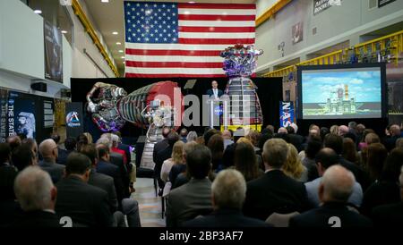 NASA-Administrator Jim Bridenstine diskutiert den Haushaltsvorschlag für das Haushaltsjahr 2021 während einer Adresse des US-Bundesstaates NASA, Montag, 10. Februar 2020, in der Einrichtung von Aerojet Rocketdyne im Stennis Space Center der NASA in der Nähe von Bay St. Louis, Mississippi. Stockfoto