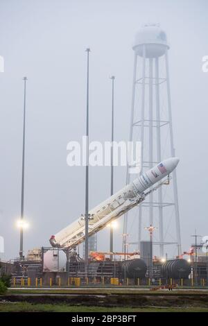 Orbital ATK CRS-9 Raise on the Pad die Orbital ATK Antares Rakete mit dem Cygnus Raumschiff an Bord wird am Start Pad-0A, Freitag, 18. Mai 2018, in Wallops Flight Facility in Virginia angehoben. Die Antares wird mit dem Cygnus-Raumschiff starten, das mit 7,400 Pfund Fracht für die Internationale Raumstation ISS gefüllt ist, einschließlich Wissenschaftsexperimenten, Crew-Zubehör und Fahrzeughardware. Die Mission ist Orbital ATK's neunter vertraglich vereinbarter Frachtzulieferflug zur ISS für die NASA. Stockfoto