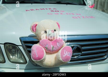 Eine Bärenpuppe vor einem Auto für die Beschneidung platziert. .Bär Spielzeug . Bärenpuppe sitzt auf dem Auto. Stockfoto