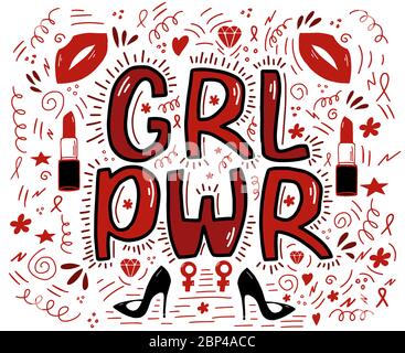 Girl Power Schriftzug mit Bändern, Lippen, Lippenstift, Stilettos, Blumen, Herzen, welligen Linien. Symbolisches Poster. Isoliert auf weißem Hintergrund. Vektormaterial Stock Vektor