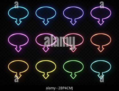 Ovale Farbe Neon Pfeil Zeichen auf dunklem transparenten Hintergrund gesetzt. Leuchtender Kreiszeiger. Elektrische LED Rohr Umriss Rahmen. Nachtclub Bar Shop Spiel Casi Stock Vektor