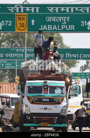 Indien. Mai 2020. Rewa (Madhya Pradesh): Migranten reisen am 17. Mai 2020 während einer landesweiten, von der Regierung auferlegten Blockierung als vorbeugende Maßnahme gegen Coronavirus in Rewa in Madhya Pradesh mit Lastwagen an der Grenze von Madhya Pradesh. (Foto von Prabhat Kumar Verma/Pacific Press/Sipa USA) Quelle: SIPA USA/Alamy Live News Stockfoto