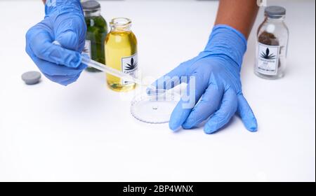 Marihuana-Öl in den Flaschen im medizinischen Labor. Konzept der legalen alternativen Medizin. Stockfoto