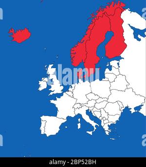 Die nordischen Länder sind auf der europakarte hervorgehoben. Blauer Meereshintergrund. Perfekt für Business-Konzepte, Hintergründe, Hintergrund, Aufkleber, Diagramm, Präsentation und Stock Vektor