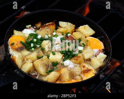 Rührei mit Kartoffeln und grünen Zwiebeln in einer Pfanne auf einem Feuer gebraten Stockfoto