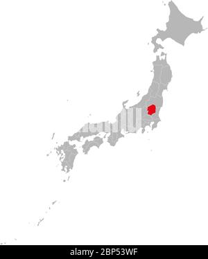 Die Provinz Tochigi ist auf der Karte in Japan rot hervorgehoben. Grauer Hintergrund. Geschäftskonzepte und Hintergründe. Stock Vektor