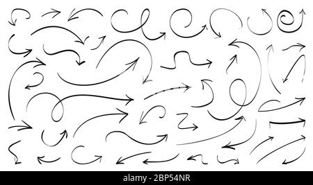 Schwarze Linie handgezeichnete Pfeile gesetzt. Doodle links rechts unten Richtung Zeichen Sammlung. Skizzieren Sie die Pfeilsymbole der parallelen Stiftkurve. Wachstum des Unternehmens durch Grafikdesign. Isolierte Vektordarstellung Stock Vektor