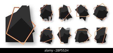 Abstrakt polygonal geometrische schwarze Banner mit Roségold Linie Rahmen gesetzt. Leere Vorlage für Design, Kartentext. Luxus dekoratives modernes Polyeder Rahmenelement. Isoliert auf weißen Vektor-Illustration Stock Vektor