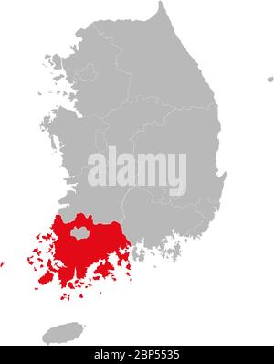 südjeolla Provinz hervorgehoben auf Südkorea Karte. Geschäftskonzepte und Hintergründe. Stock Vektor