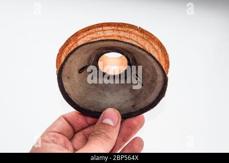 Das bewegliche System des Mitteltöners 20gds-3 der sowjetischen Produktion. Diffusor und Magnetspulenlautsprecher. Stockfoto