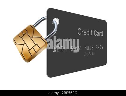 Ein EMV-Chip sieht aus wie ein Vorhängeschloss auf einer Kreditkarte, um die Sicherheit des Kartenkontos zu gewährleisten. Vektorbild. Stock Vektor