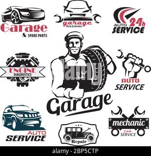 Garage, Autoteile und Ersatzembleme Set. Auto-Services und Werkstatt Banner Design, Logo Design-Element. Stock Vektor