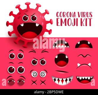 Corona Virus Emoji Kit Vektor-Set. Covid19 rote ncov Virus-Symbol und Emoticon Schöpfung, Kit Augen und Mund mit glücklichen Gesichtsausdruck für editierbar. Stock Vektor